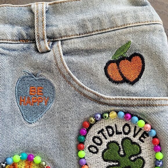 EUC fun rare La Ros women's Emoji smile butterfly love star jean skirt, M - Picture 8 of 10